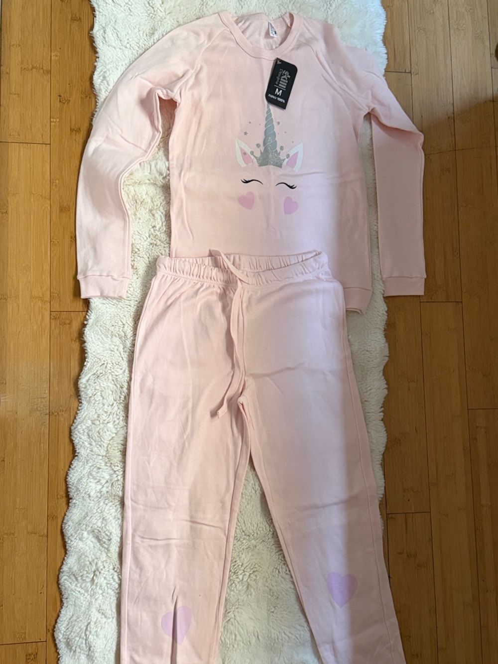 Light Pink Unicorn Pajama Set - Long Sleeve Top & Jogger Pants with heart detail